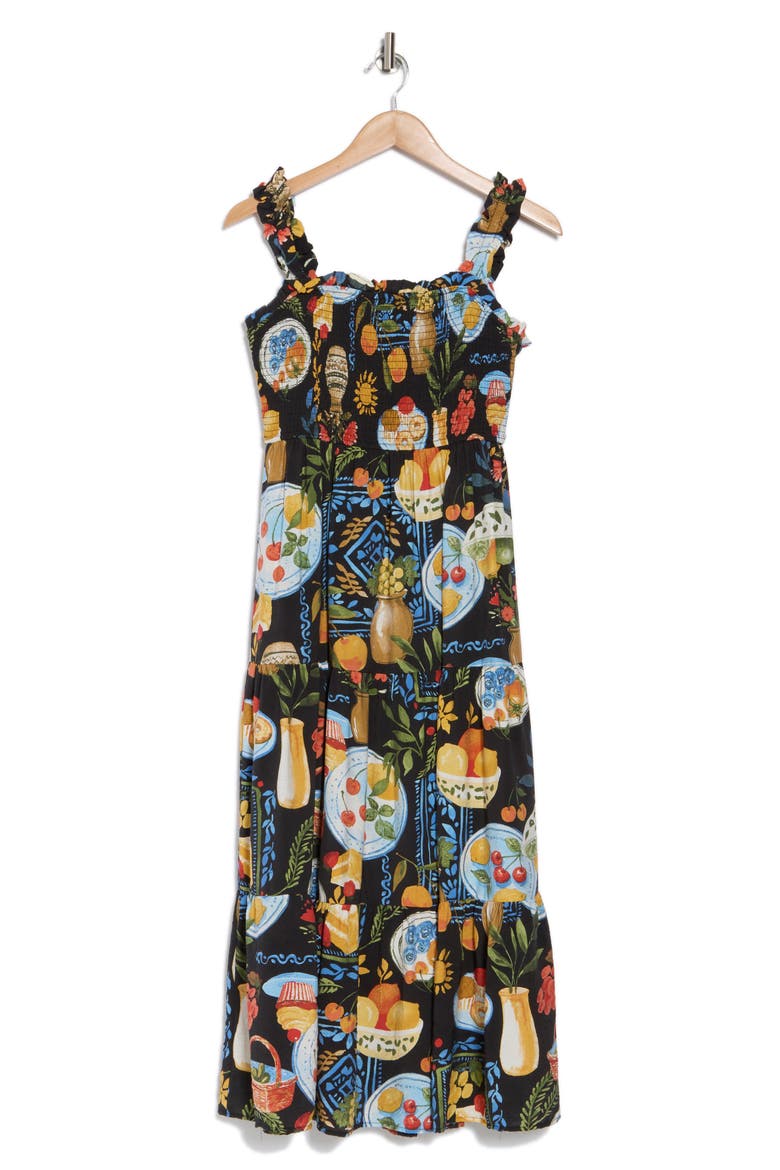 Mixed Print Smocked Tiered Midi Dress, Alternate, color, BLACK MULTI