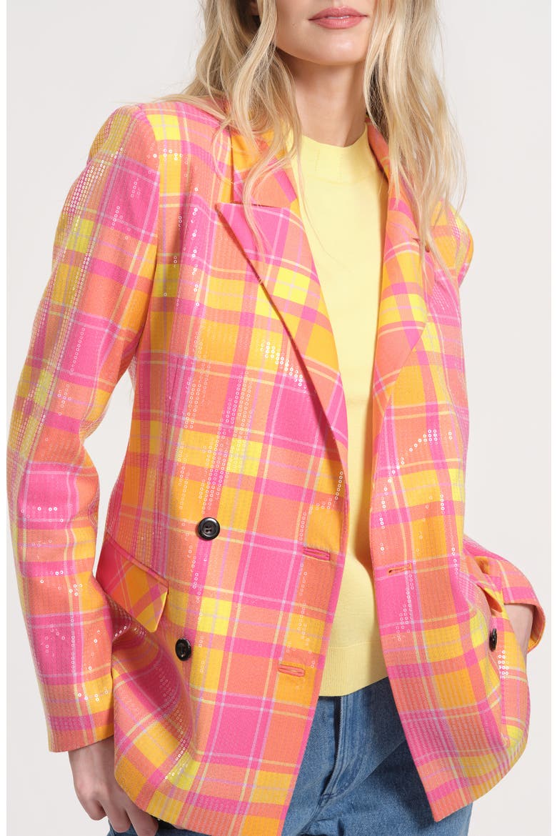 Sequin Plaid Double Breasted Blazer, Main, color, PINK MULTI