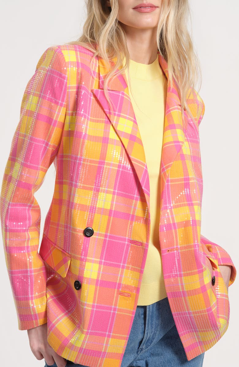 Isaac Mizrahi New York Sequin Plaid Double Breasted Blazer, Main, color, 