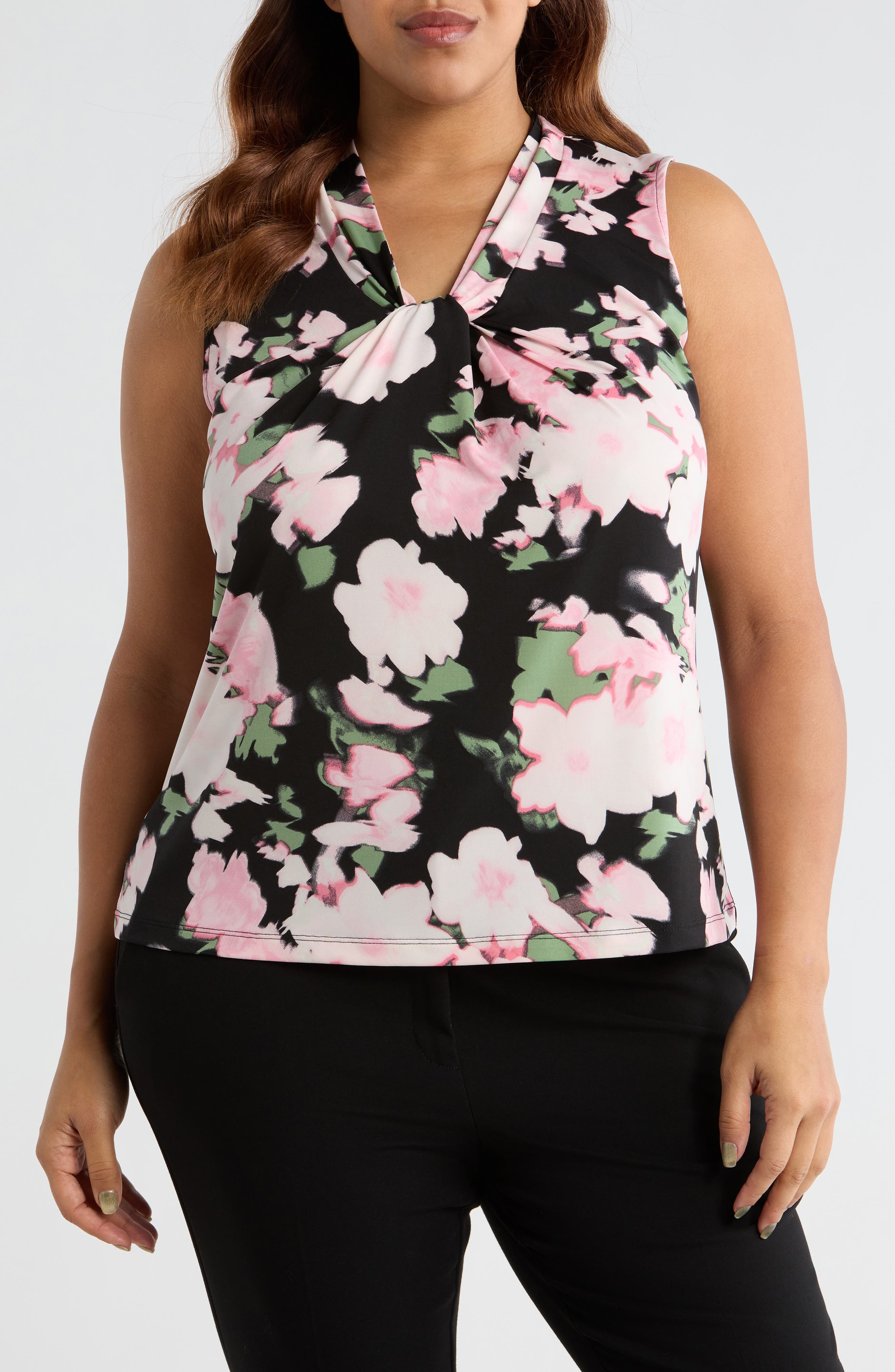 Floral Print Knot Front Sleeveless Top