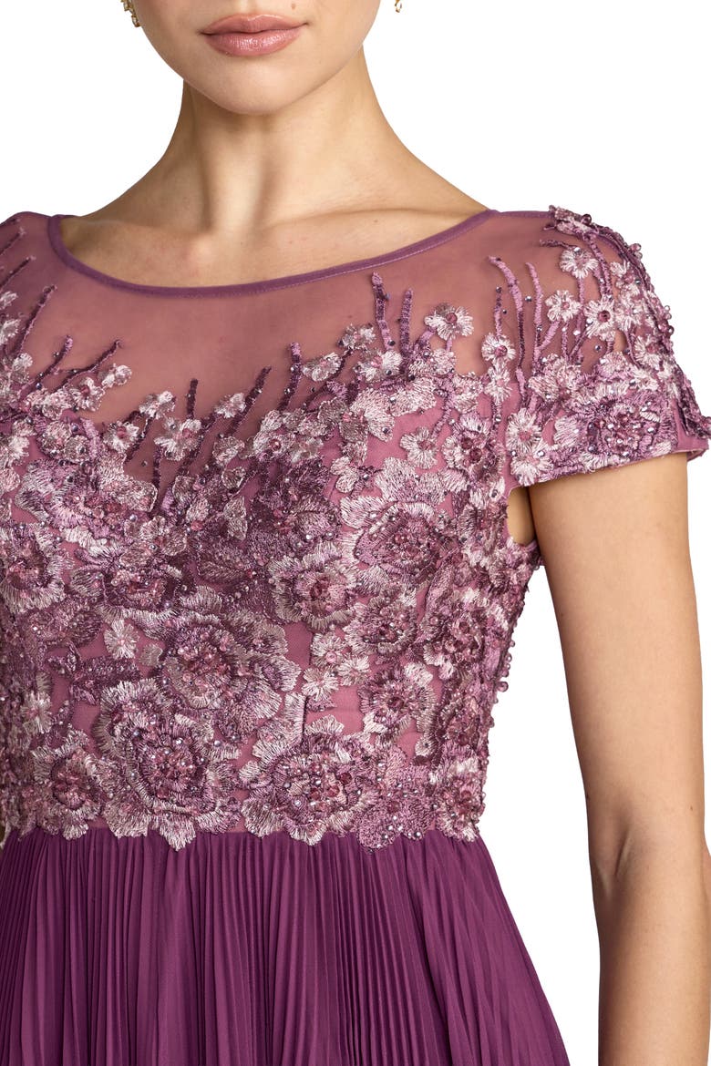 Petite Embroidered Cap Sleeve Pleated Gown, Alternate, color, Plum