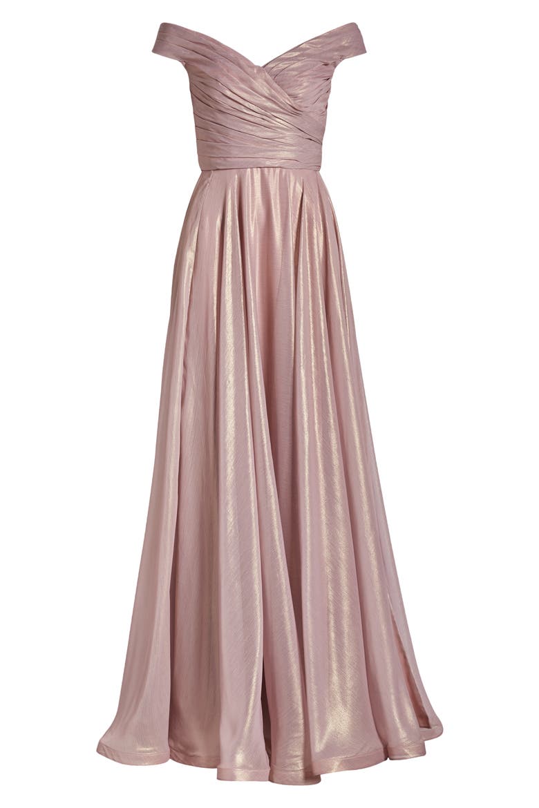 Iridescent Off the Shoulder Chiffon Gown, Alternate, color, PINK METALLIC