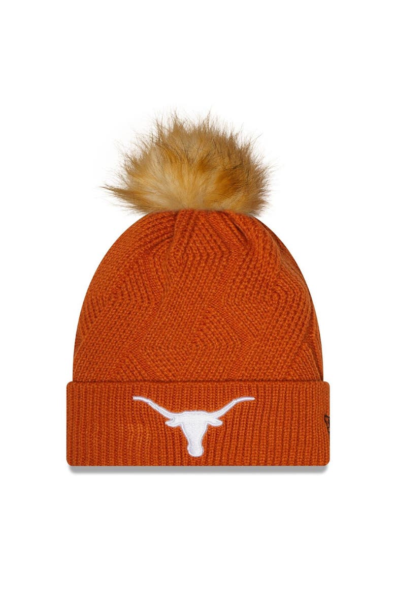 Women's New Era Texas Orange Texas Longhorns Snowy Cuffed Knit Hat with Pom, Main, color, Burnt Orange