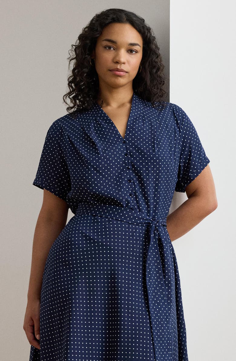 Lauren Ralph Lauren Micro Dot Crêpe de Chine Midi Shirtdress, Alternate, color, Navy Blue/ White