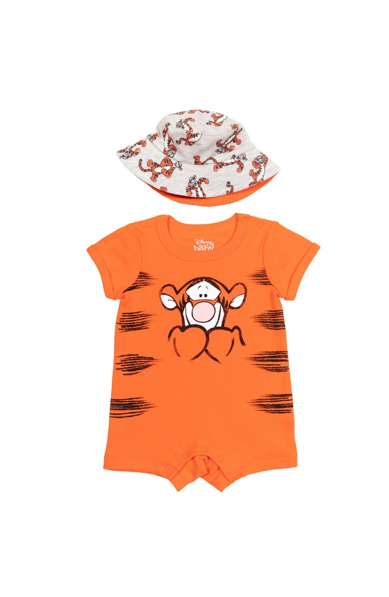 Disney Winnie the Pooh 2-Piece Romper and Bucket Hat Set, Main, color, Tigger Coral Orange