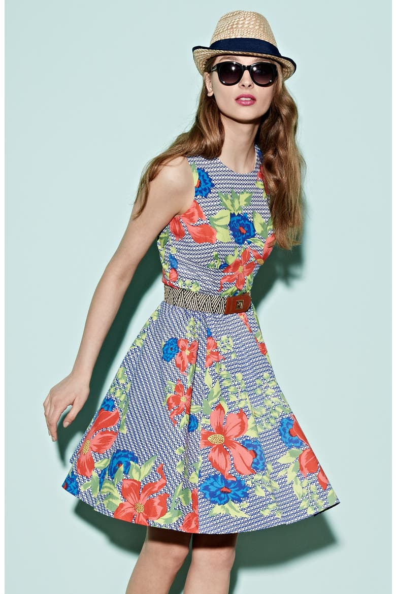 'Alana' Print Fit & Flare Dress, Alternate, color, GEO FLORAL