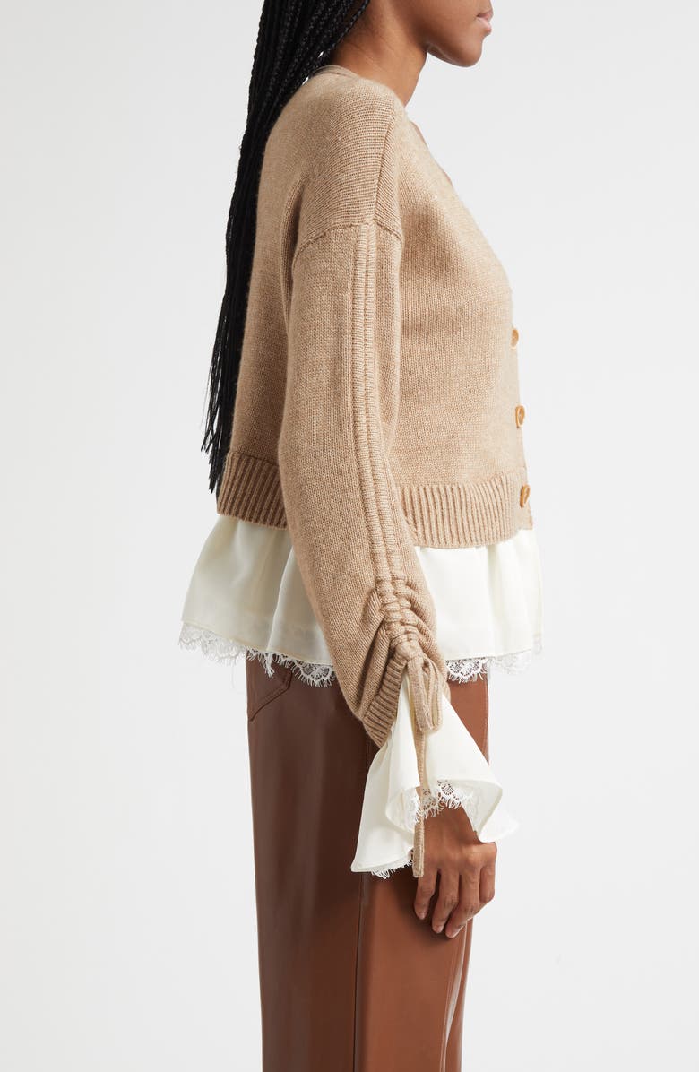 Cinq à Sept Atley Lace Trim Mixed Media Cardigan, Alternate, color, Cappuccino/ Ivory