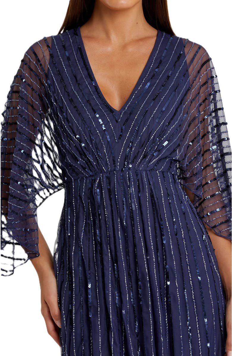 Mac Duggal Sequin Beaded Stripe Cape Sleeve V-Neck Gown, Alternate, color, Navy