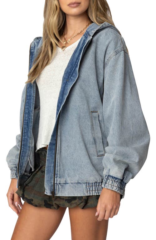 Shop Edikted Front Zip Denim Hooded Jacket In Light-blue