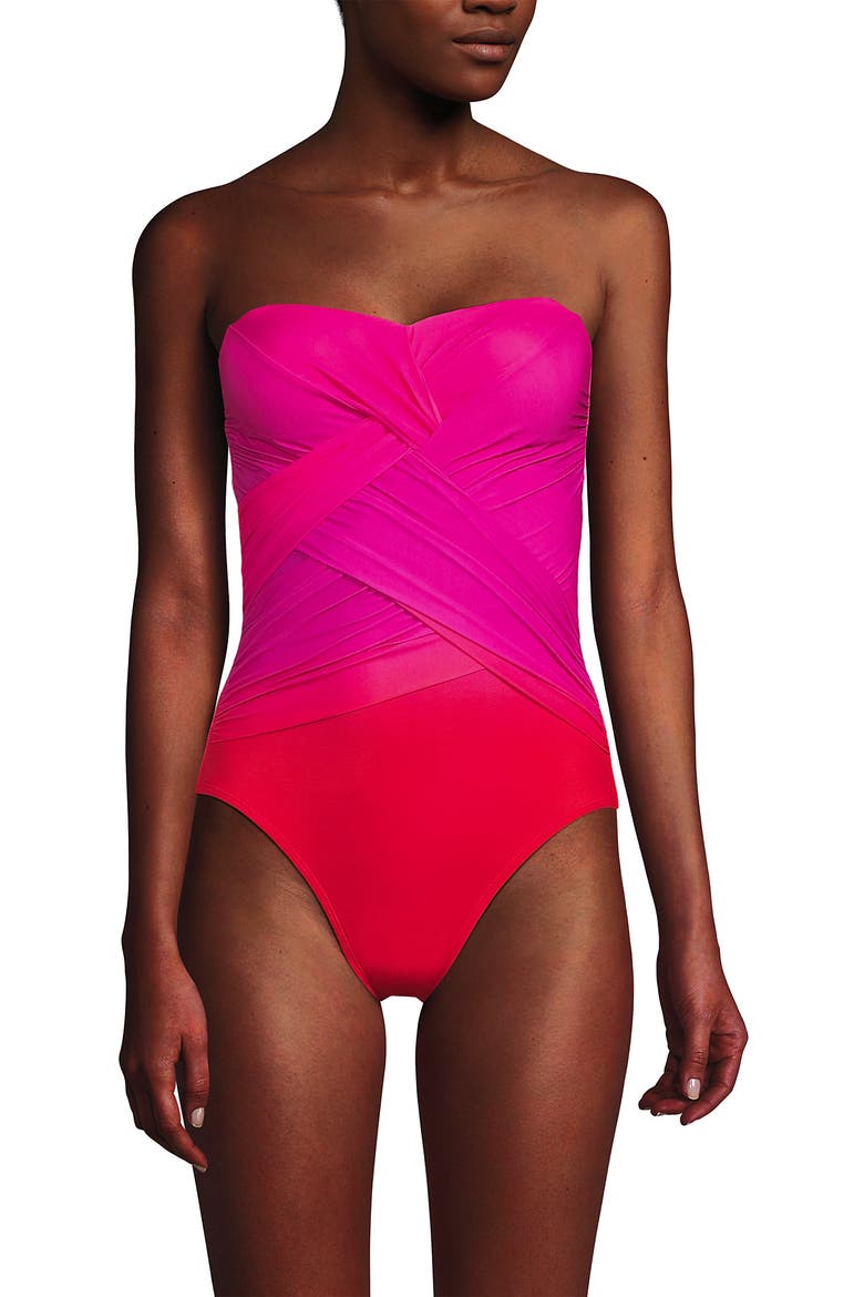 Slender Suit Shine Bandeau Tummy Control Chlorine Resistant High Leg One Piece Swimsuit, Alternate, color, Pink Multi Ombre