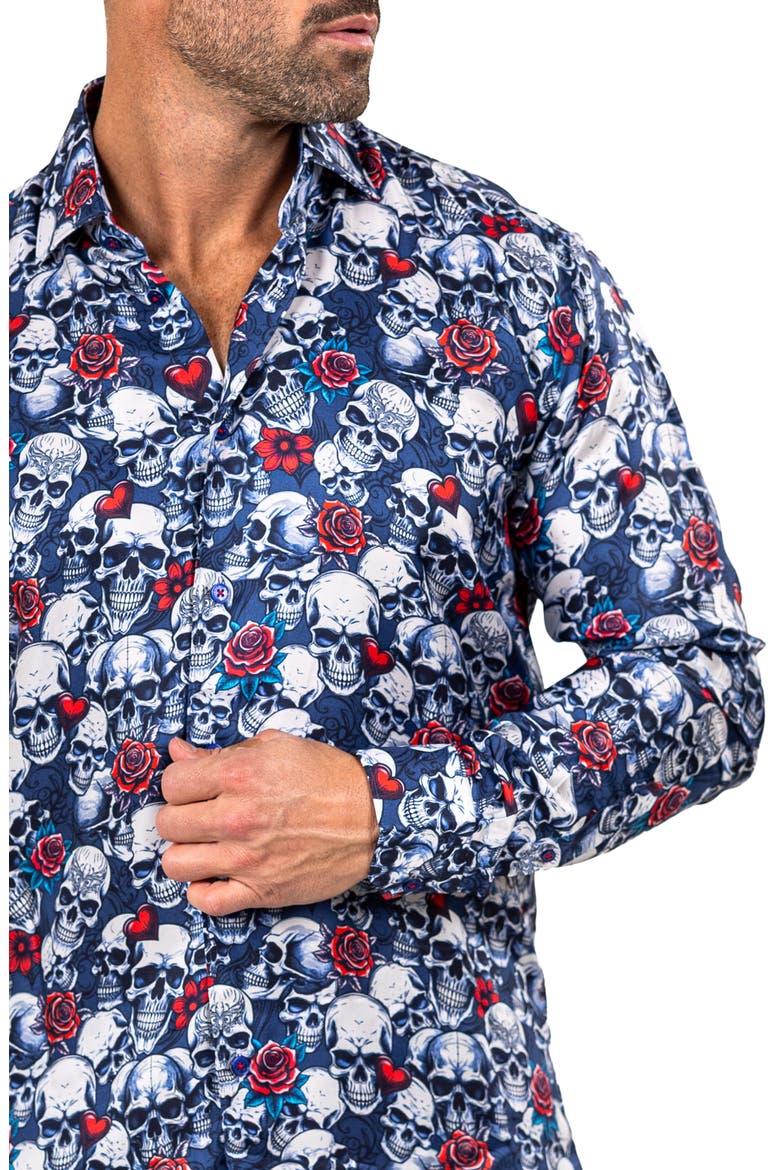 Fibonacci Mathyr0242 Blue Skull Print Button-Up Shirt, Alternate, color, BLUE