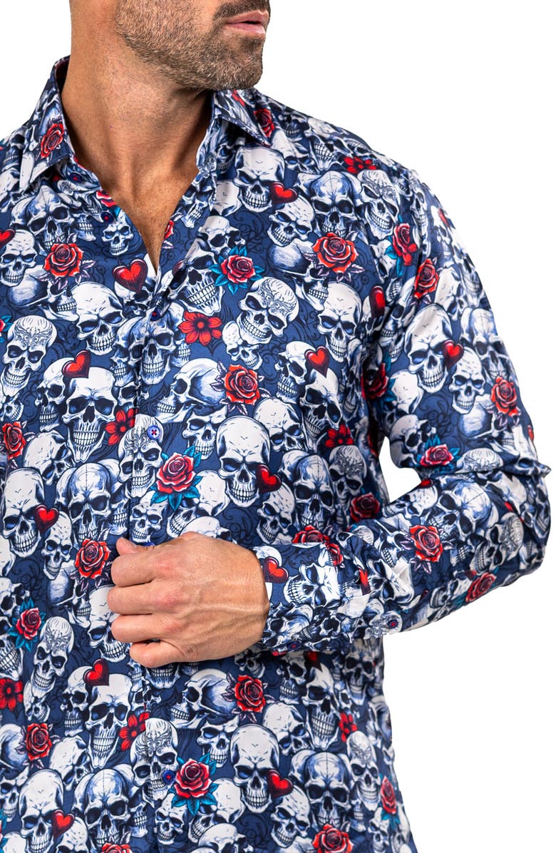 Maceoo Fibonacci Mathyr0242 Blue Skull Print Button-Up Shirt, Alternate, color, 