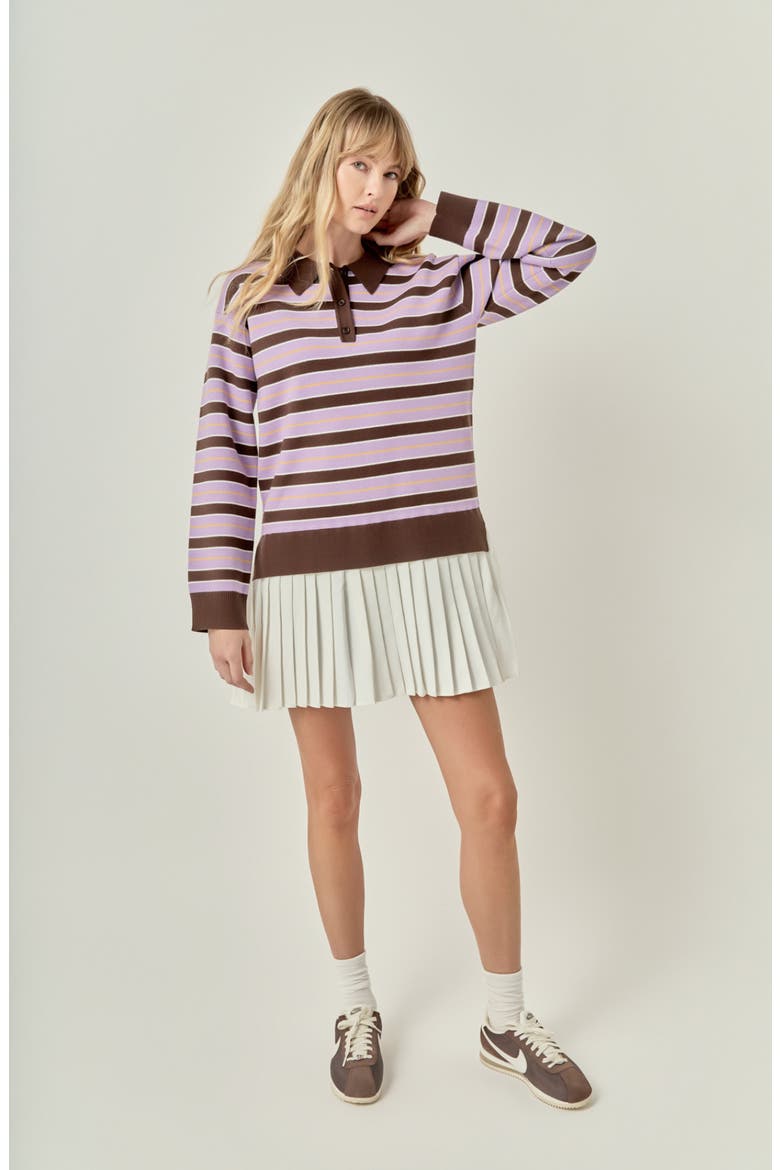 Pleated Hem Polo Knit Minidress, Alternate, color, BROWN MULTI