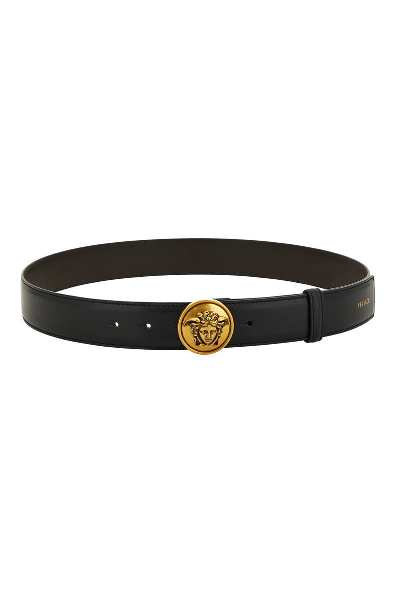 Medusa Buckle Leather Belt, Main, color, BLACK-GOLD