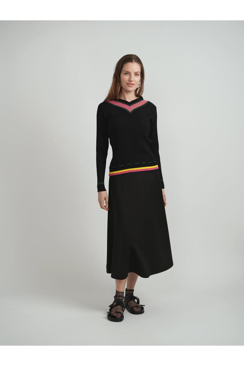 Contrast V-Neck Ruffle Rib Knit Sweater, Alternate, color, Black