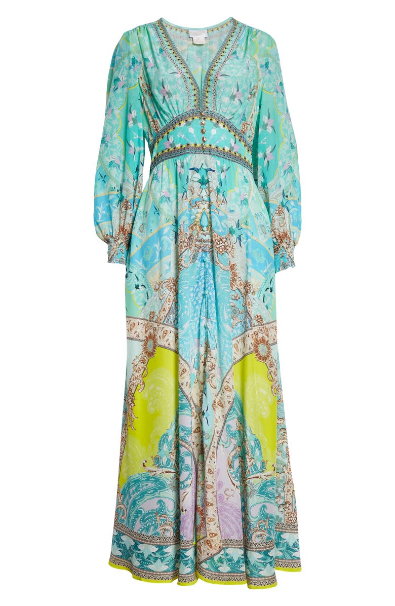 Camilla Turn Back Time Embellished Long Sleeve Silk Maxi Dress, Alternate, color, 