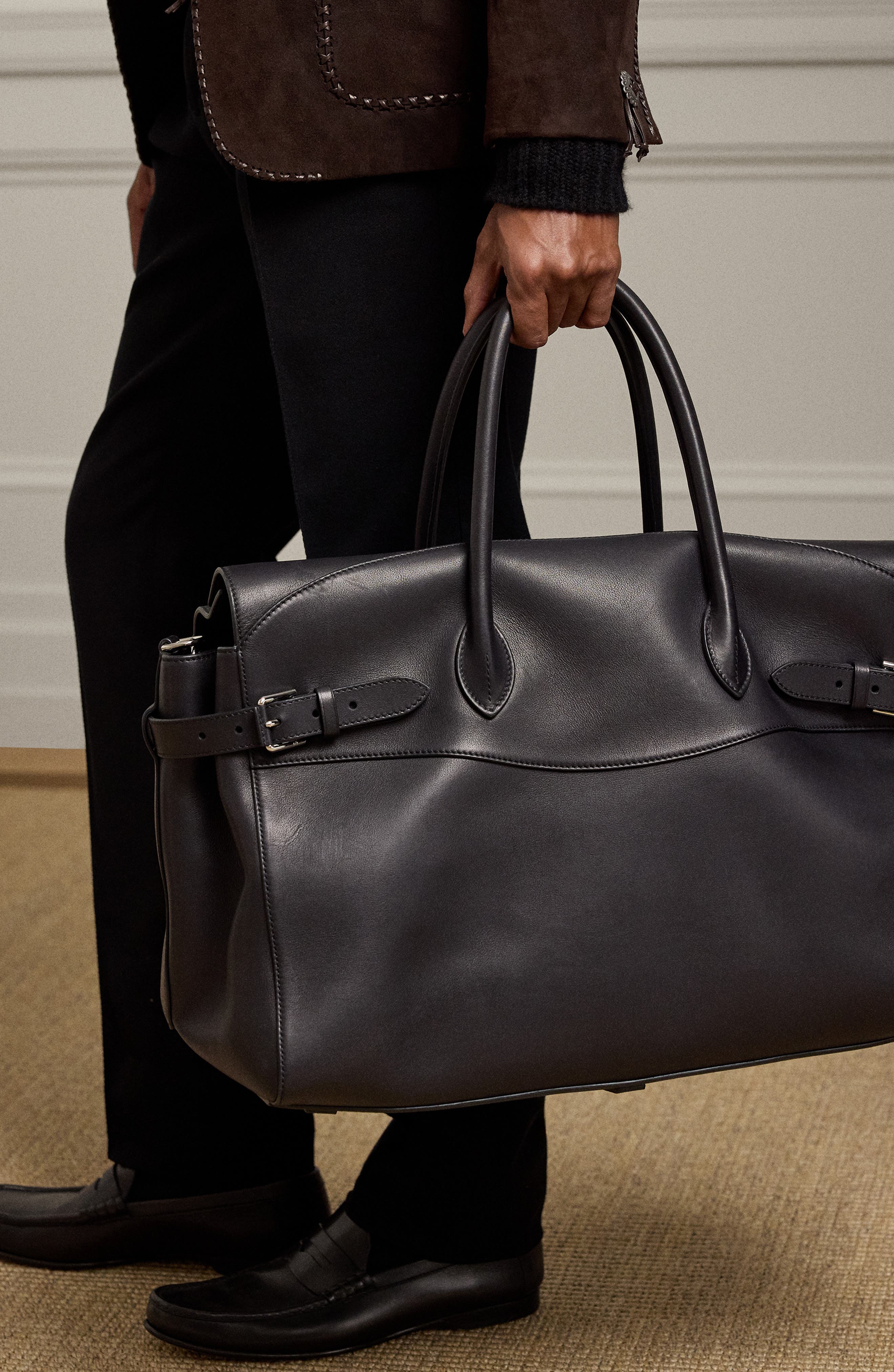 Ralph Lauren Purple Label Bedford Calfskin Leather Duffle Bag, Alternate, color, Black
