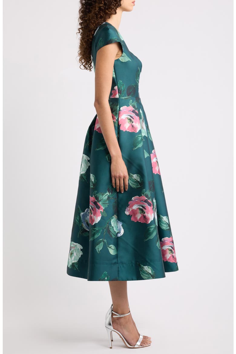 Floral Cap Sleeve Fit & Flare Satin Midi Dress, Alternate, color, HUNTER