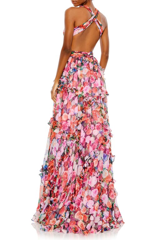 Mac Duggal Ruffled Cut Out Sleeveless Gown In Multi