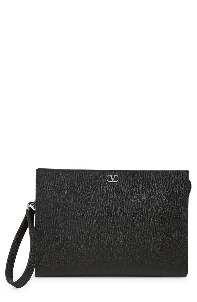 Valentino VLOGO Leather Zip Pouch, Main, color, Black