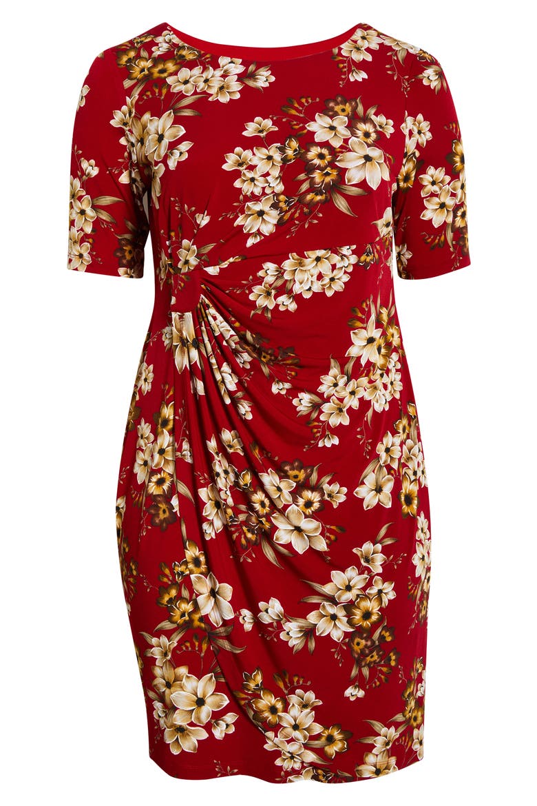 Floral Side Ruched Faux Wrap Dress, Alternate, color, CRIMSON