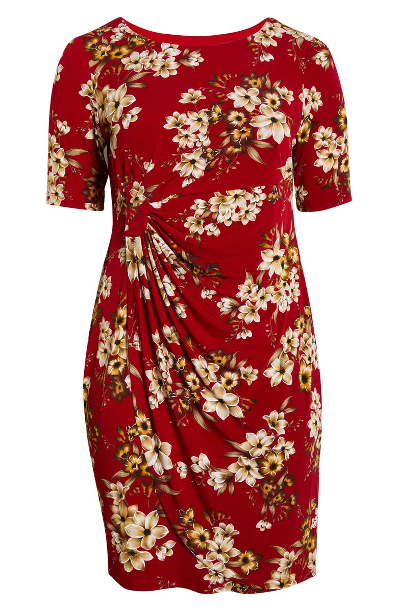 Connected Apparel Floral Side Ruched Faux Wrap Dress, Main, color, Crimson