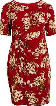 Connected Apparel Floral Side Ruched Faux Wrap Dress