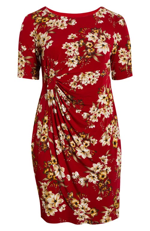 Connected Apparel Floral Side Ruched Faux Wrap Dress In Red