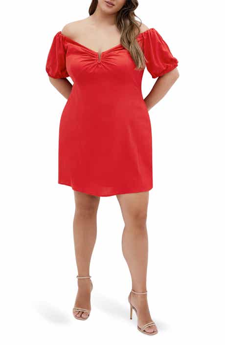 City Chic Macey Off the Shoulder Puff Sleeve Stretch Cotton Minidress