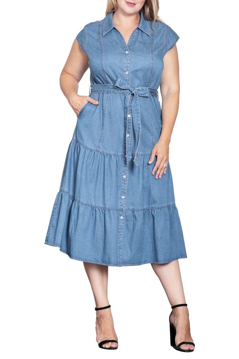Tiered Denim Midi Shirtdress, Alternate, color, BLUE RINSE