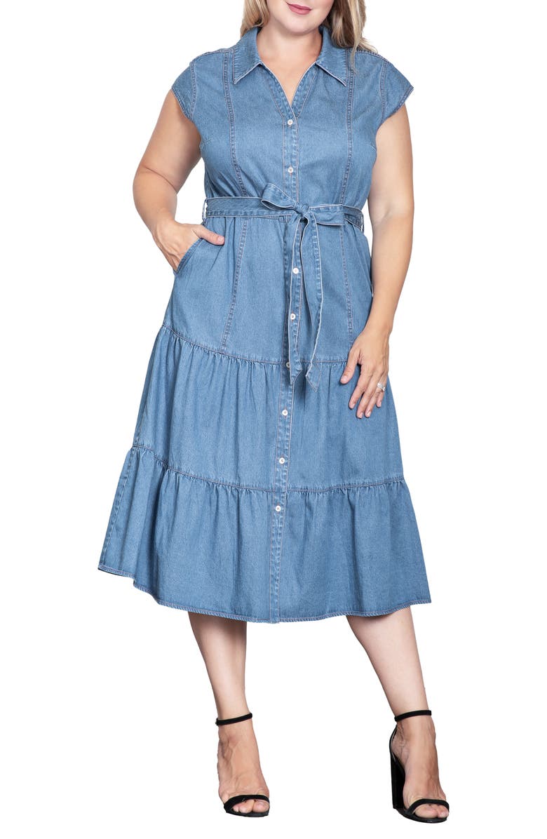 Standards & Practices Tiered Denim Midi Shirtdress, Alternate, color, Blue Rinse