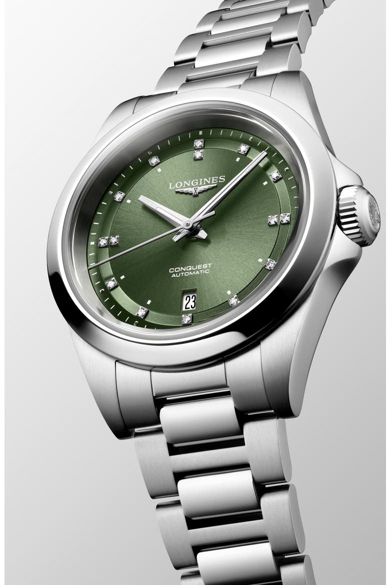 Conquest Diamond Automatic Bracelet Watch, 30mm, Alternate, color, GREEN