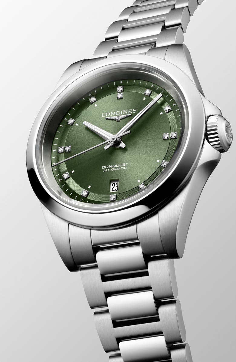 Longines Conquest Diamond Automatic Bracelet Watch, 30mm, Alternate, color, Green