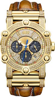 JBW Phantom 10 Year Chronograph Diamond Croc Embossed Leather Strap Watch, 42mm - 1.96 ctw