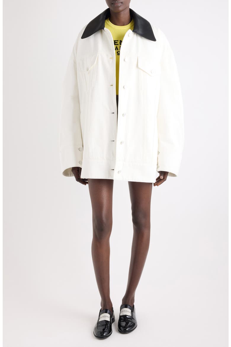Oversize Denim Trucker Jacket with Leather Collar, Main, color, OFF WHITE