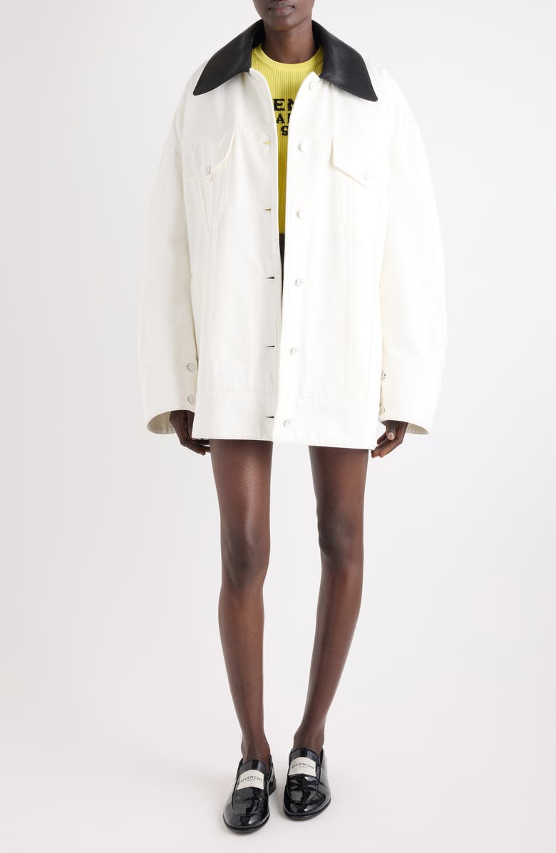 Givenchy Oversize Denim Trucker Jacket with Leather Collar, Main, color, Off White