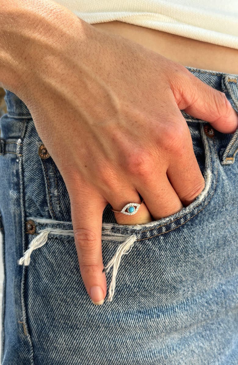 Adornia 14K Yellow Gold Plated Turquoise & Swarovski Crystal Accented Evil Eye Ring, Alternate, color, Blue