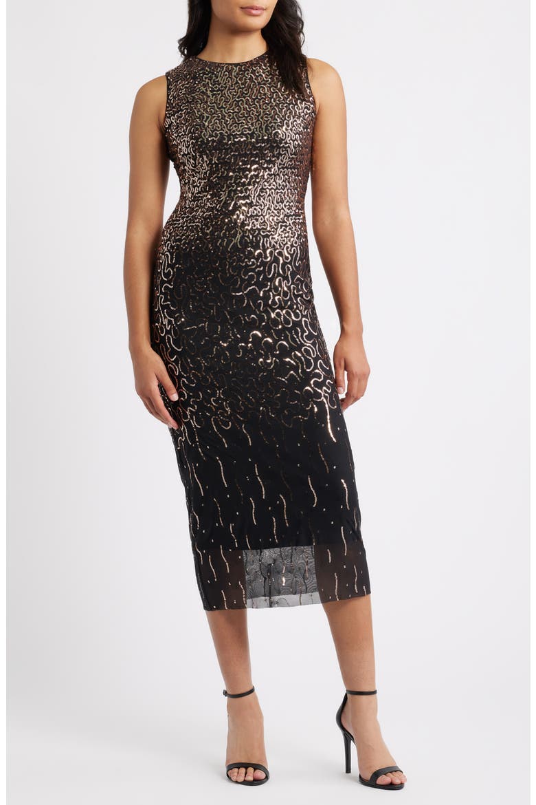 Sequin Sheath Midi Dress, Main, color, ANNE BLACK/ ROSE GOLD