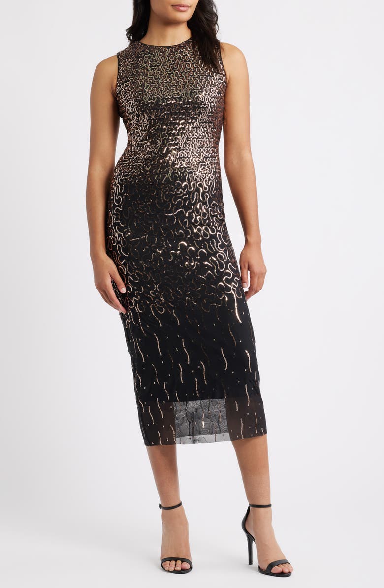 Anne Klein Sequin Sheath Midi Dress, Main, color, Anne Black/ Rose Gold