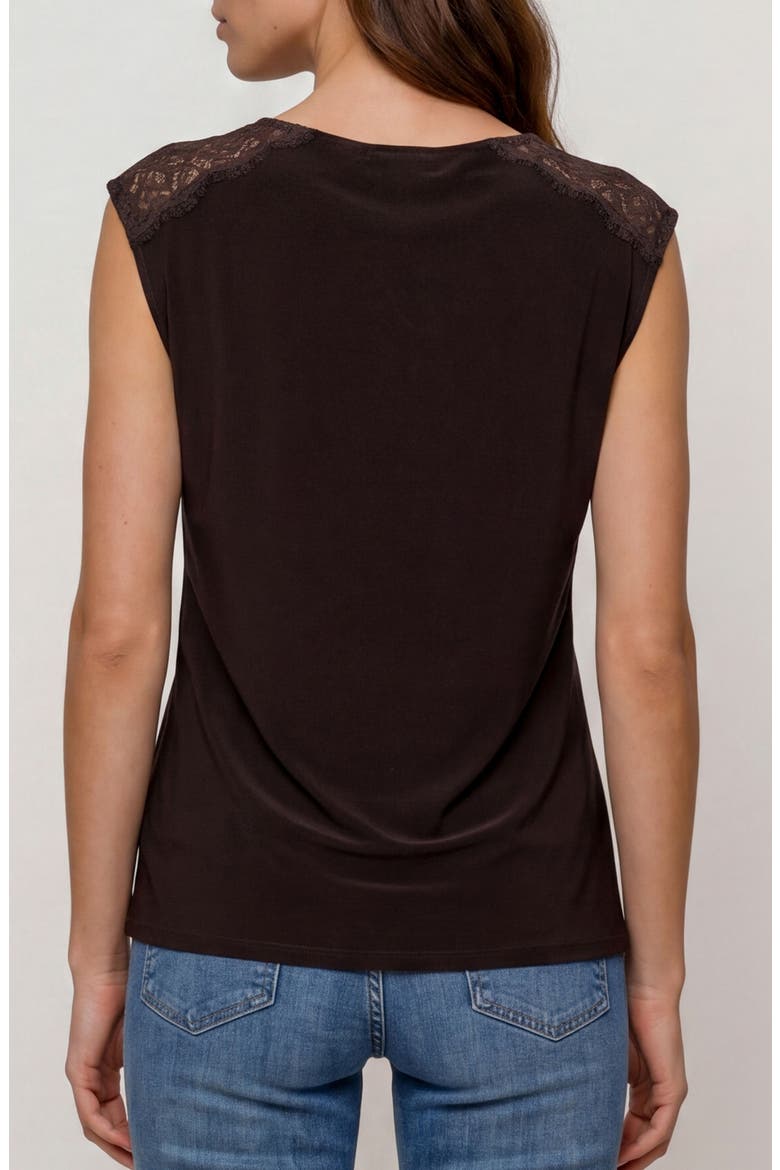 Draped Neck Sleeveless Top with Lace Trim, Alternate, color, JAVA