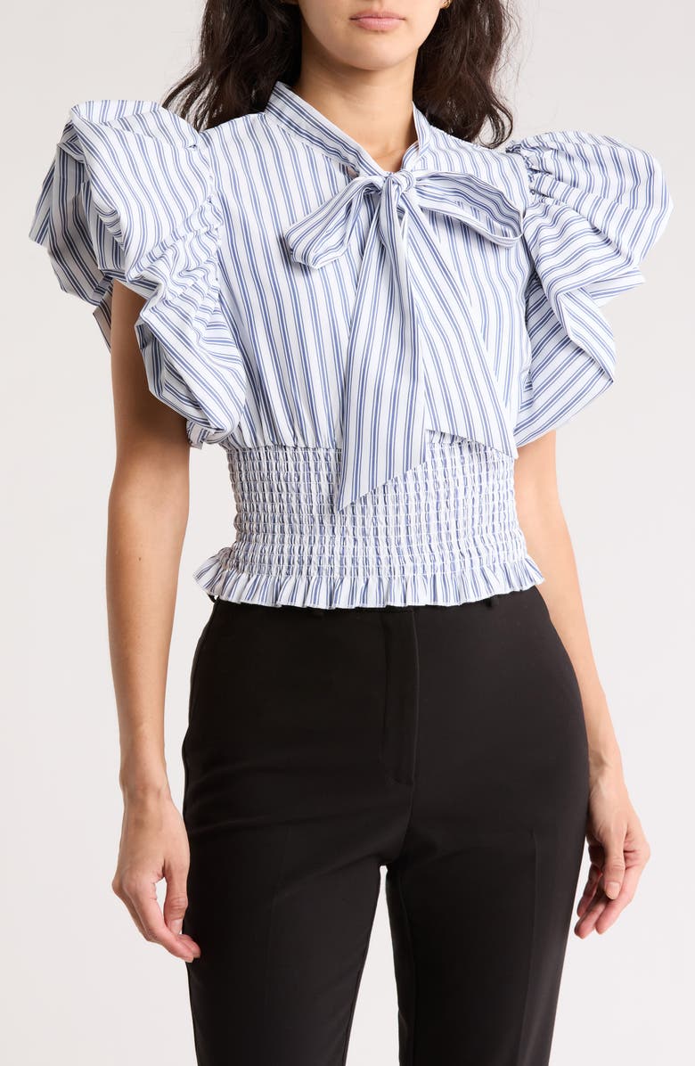 BY DESIGN Dorothy Tie Front Ruffle Sleeve Crop Top, Main, color, Marthas Vineyard Stripe