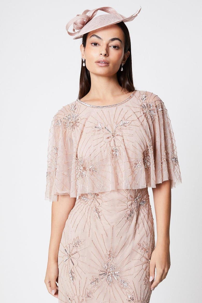 Floral Embellished Cape Midi Dress, Alternate, color, Blush