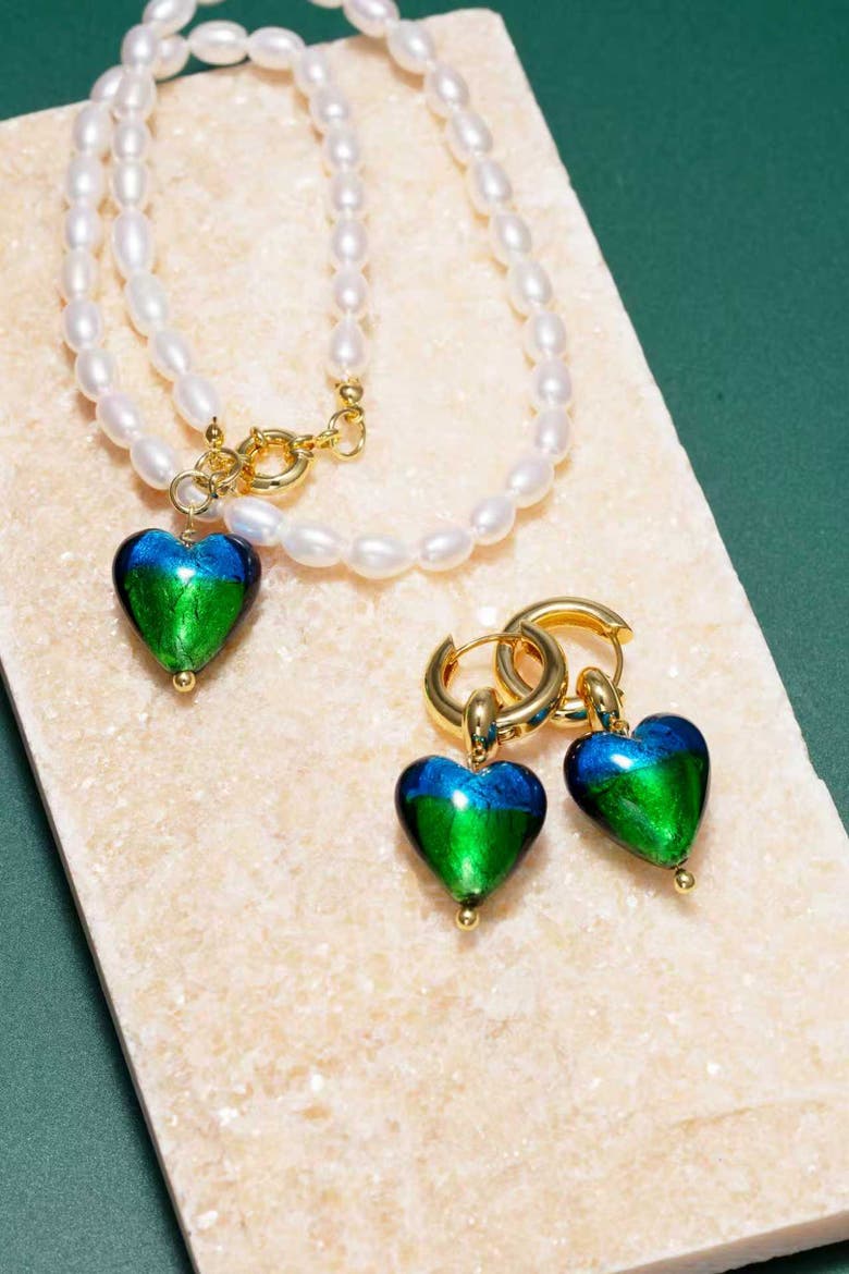 Esmée Peacock Green Murano Heart Pendant Pearl Necklace, Alternate, color, Peacock