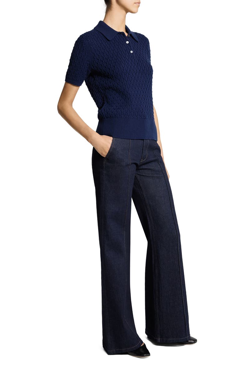 Textured Cable Knit Organic Cotton Polo, Alternate, color, NAVY