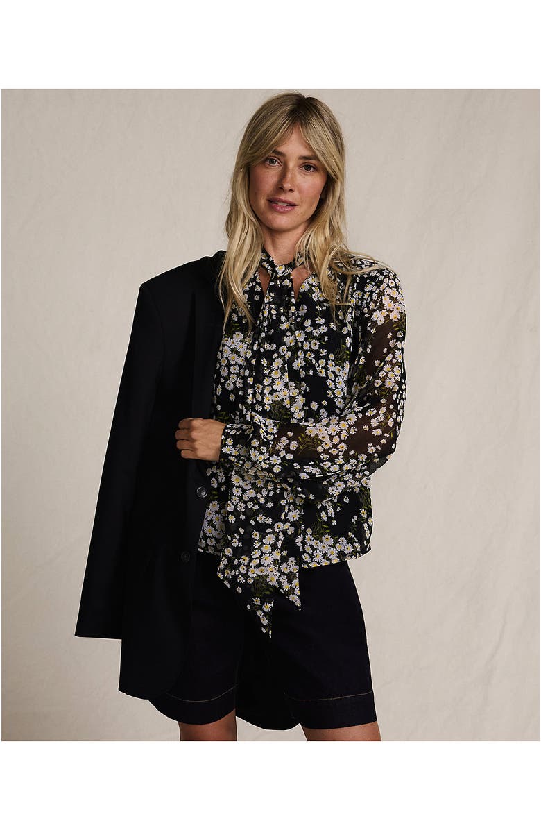 Lands' End Chiffon Removable Tie Neck Blouse, Alternate, color, Black Tossed Daisies