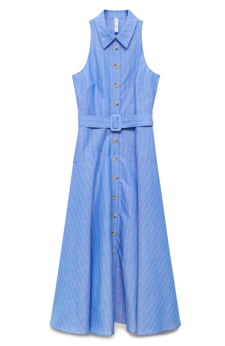 MANGO Pinstripe Sleeveless Cotton & Linen Blend Shirtdress, Alternate, color, Medium Blue