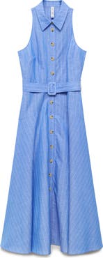MANGO Pinstripe Sleeveless Cotton & Linen Blend Shirtdress