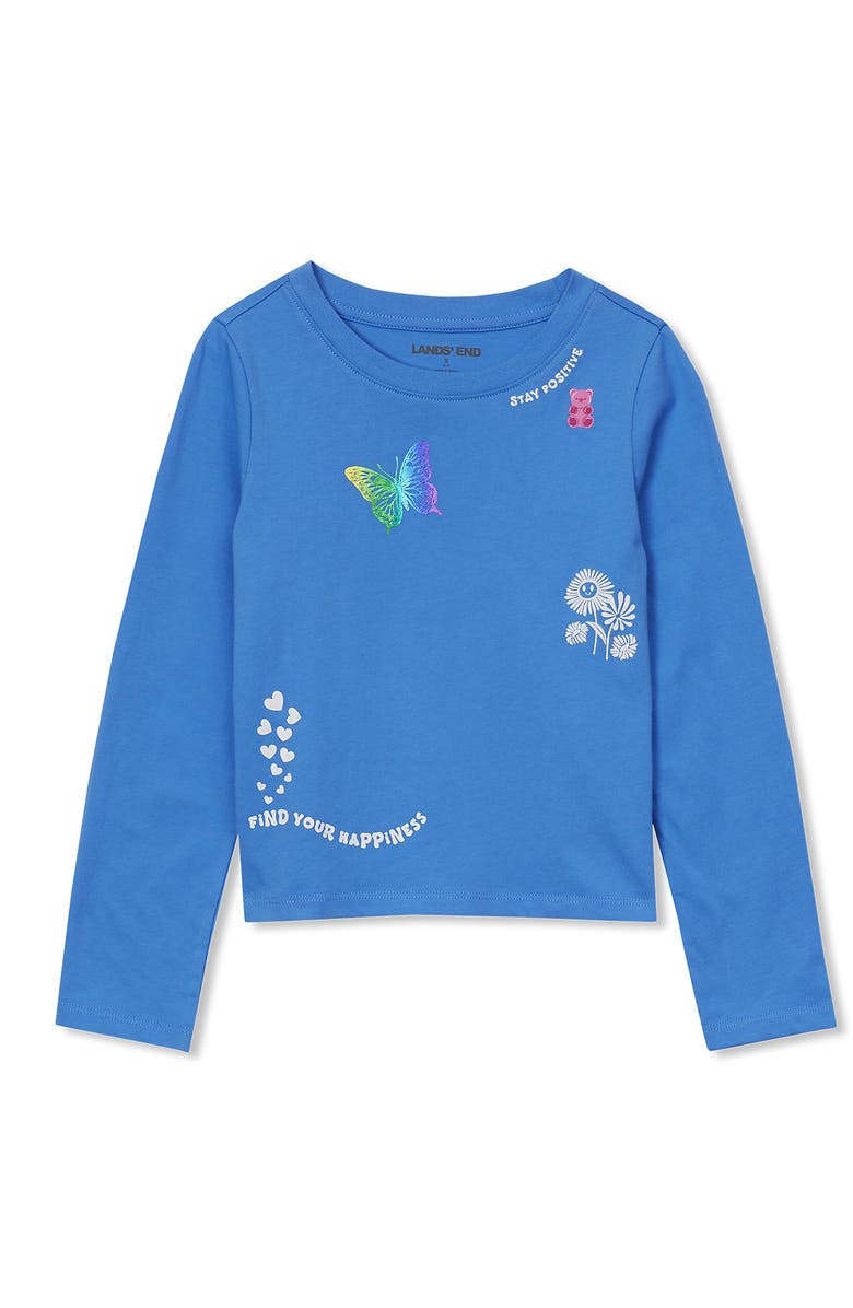 Lands' End Girls Long Sleeve Graphic Meet and Greet Tee, Main, color, Sky Blue Happiness