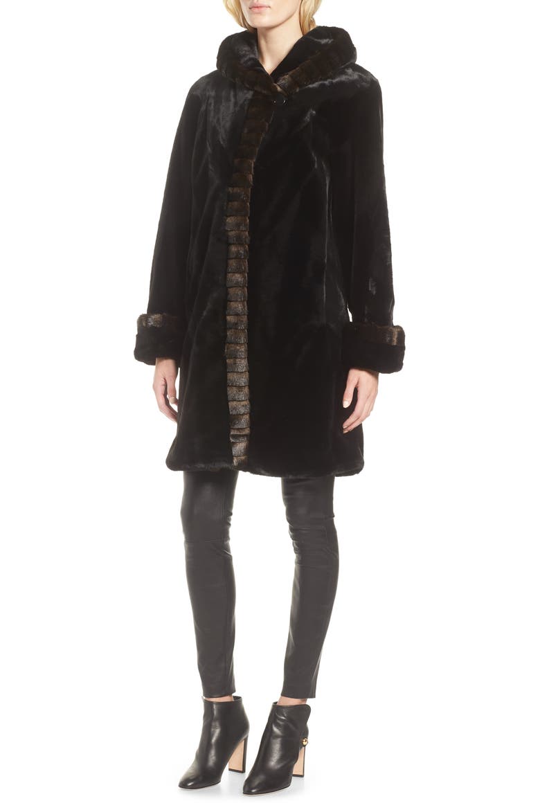 Hooded Faux Fur Walking Coat, Alternate, color, BLACK