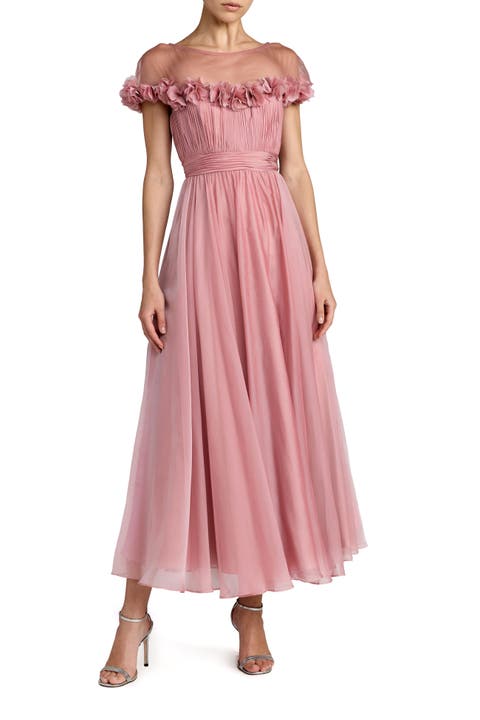 Chiffon Illusion Neck Midi Dress with 3D Flowers